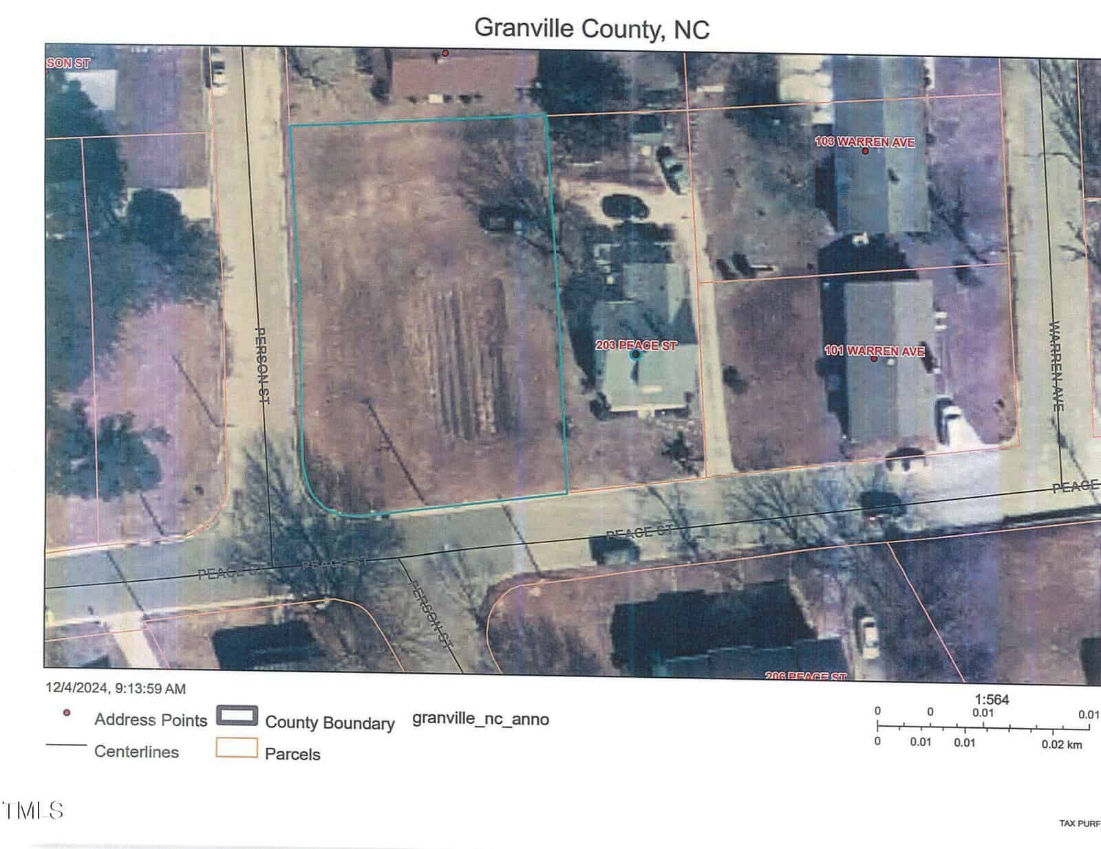 A digital map of Granville County, NC, showing parcels, address points, and county boundaries. Visible streets include Peachtree Street and Madison Avenue. Buildings and lots are marked within a neighborhood setting.