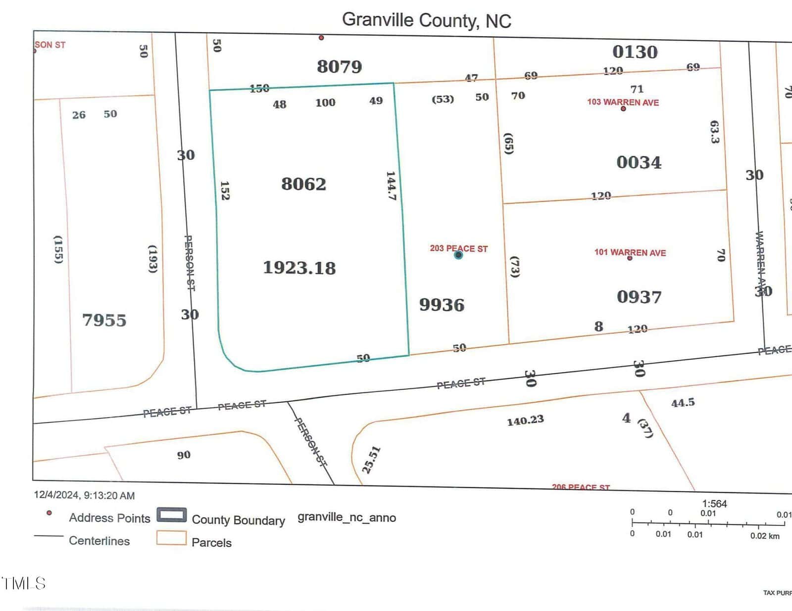 A map showing parcel boundaries in Granville County, NC. It includes streets labeled Peace St, Warner Ave, and Lyon St. The map features multiple numbered parcels with measurements and lines indicating boundaries.