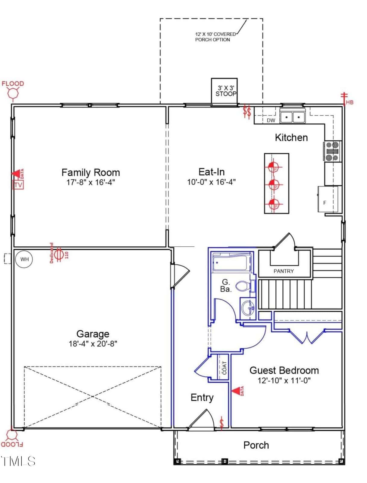 A floor plan showing a family room, eat-in kitchen, pantry, garage, guest bedroom, bathroom, entry, and porch. Room dimensions and door locations are labeled, with stairs and optional covered porch indicated.