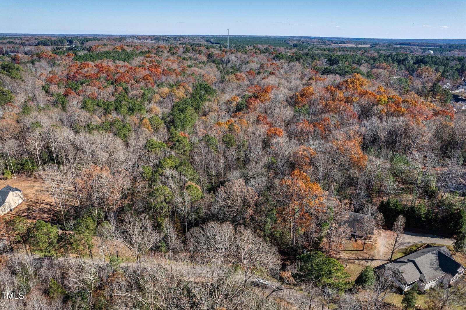 Aerial view of a wooded area in autumn with trees displaying orange and brown foliage. A few houses are visible along the edges of the forest, and a road runs through the bottom portion of the image.