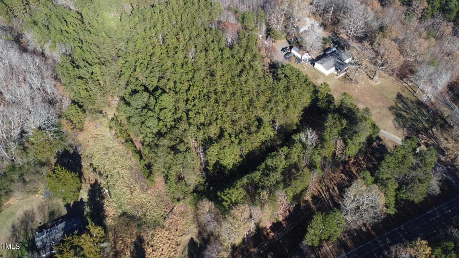 Aerial view of a landscape with dense green forest surrounded by sparse trees. A few buildings and a driveway are visible on the right side. A small structure is partially visible at the bottom left corner. Shadows indicate daylight.