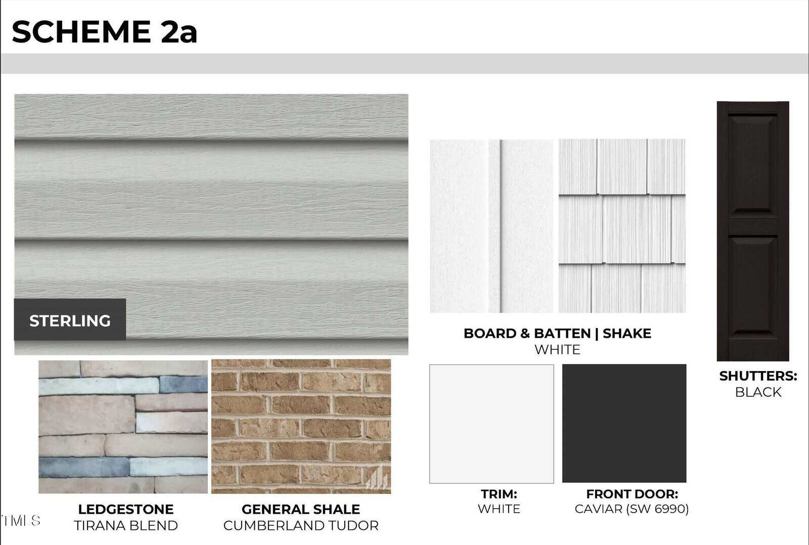 Design board labeled "Scheme 2a" showing samples of sterling-colored siding, white board and batten, black shutters and front door, white trim, ledgestone in Tirana Blend, and General Shale Cumberland Tudor brick.