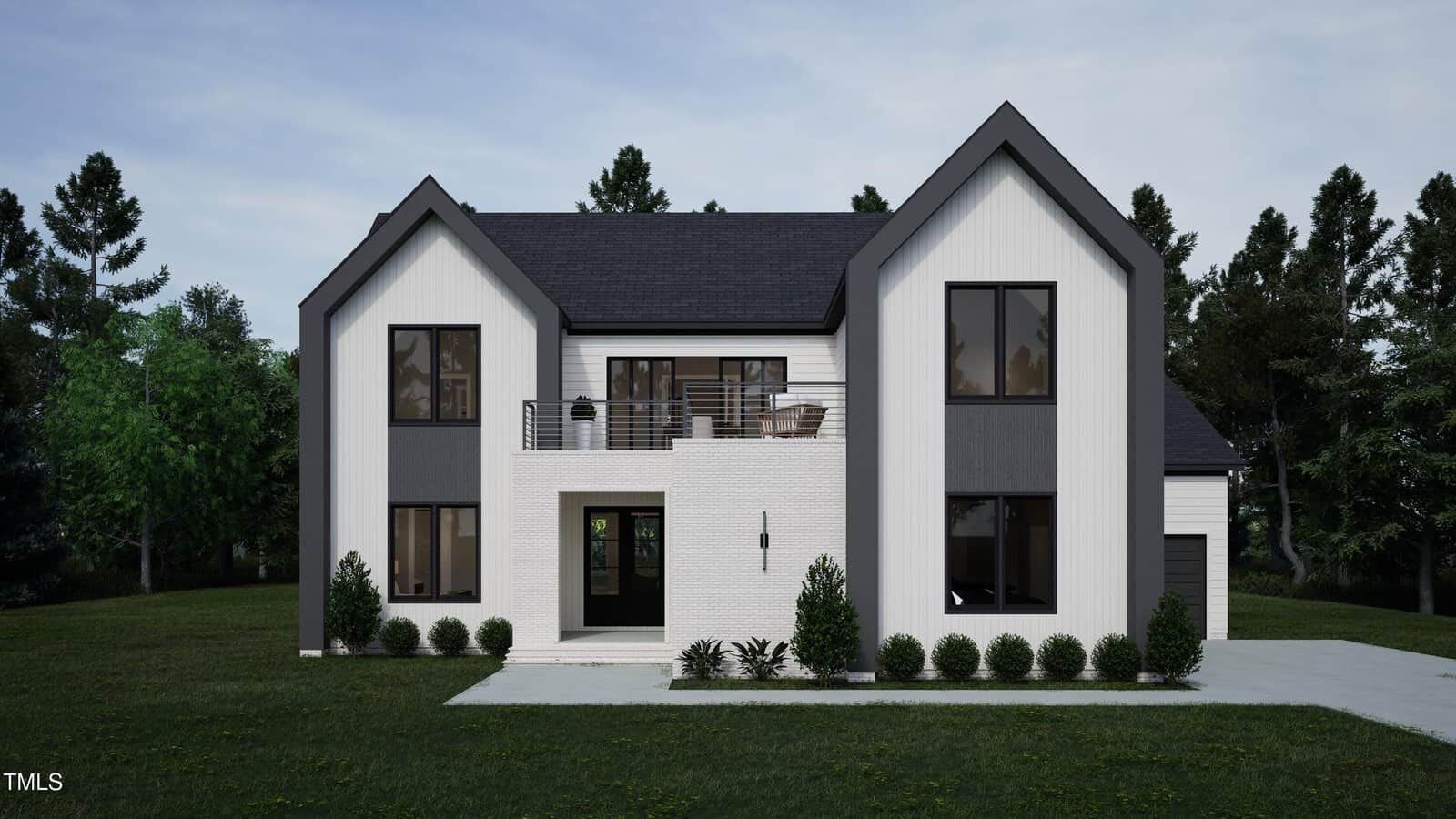Modern two-story house at 60 Chestnut Oak Drive, Youngsville, with white and gray exterior, large dark-framed windows, two gabled sections, a balcony above the entrance, landscaped shrubs in front, and trees surrounding the property.
