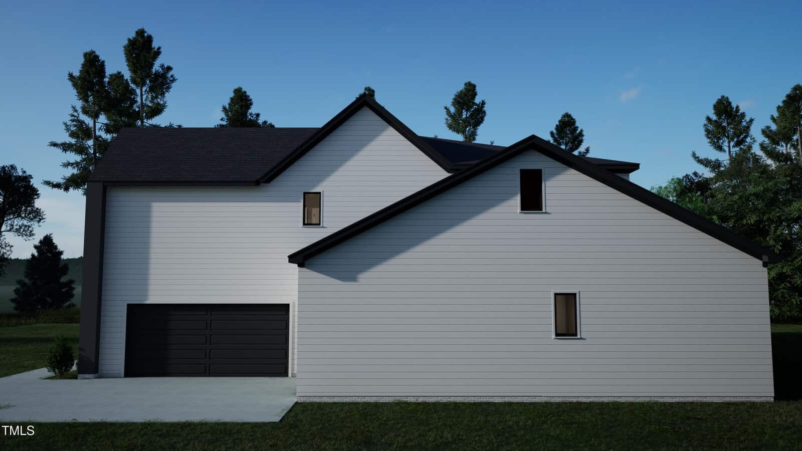 Modern two-story house with white siding, dark trim, and a black double garage door. Surrounded by green grass and tall trees, with a clear blue sky in the background.