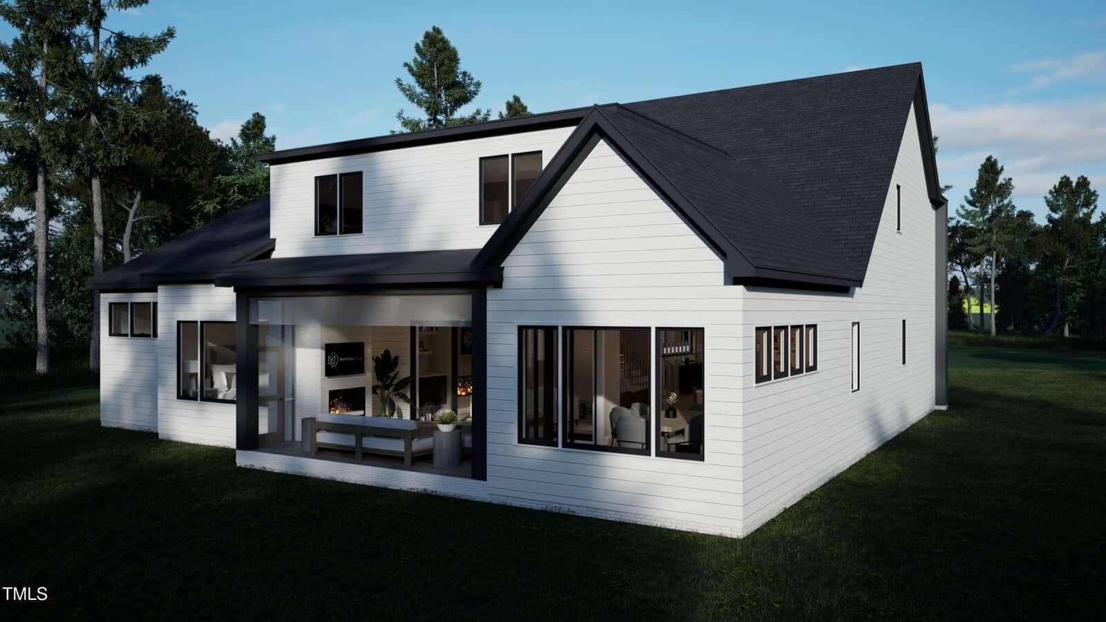 A white house with a black roof.