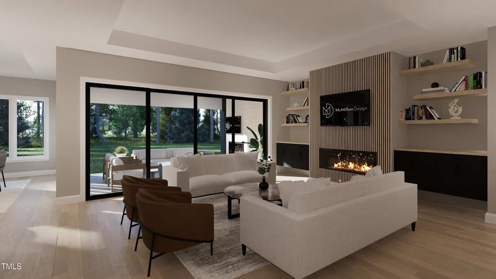 Modern living room with light wood floors, two white sofas, two brown chairs, a fireplace with a TV above it, built-in shelves, large windows, and sliding glass doors opening to a backyard patio and greenery outside.