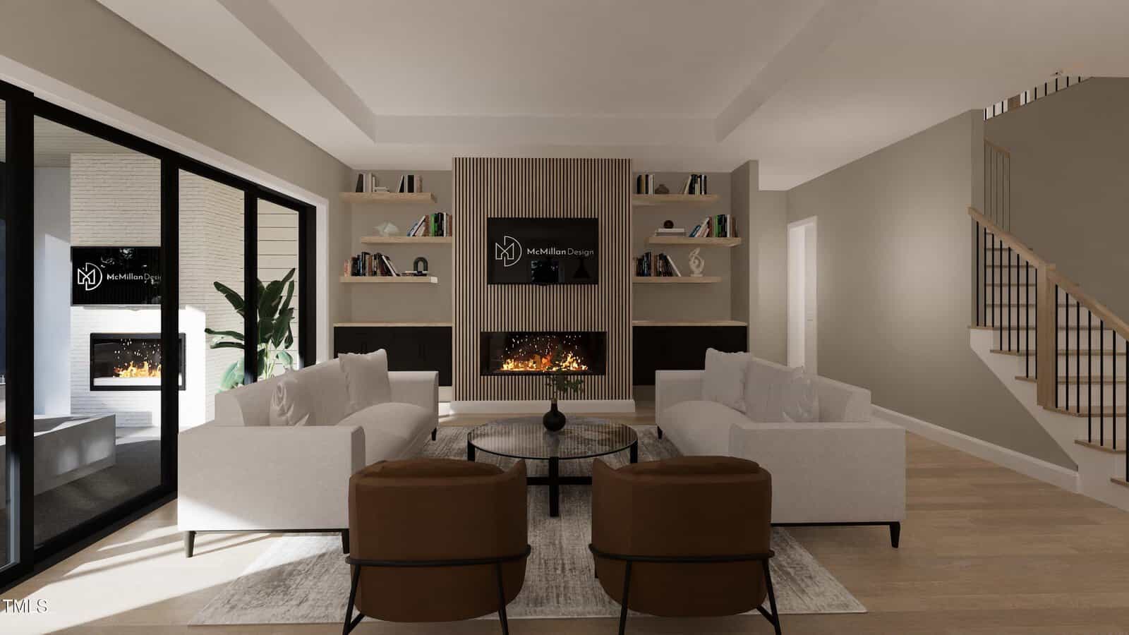 Modern living room with two white sofas, two brown chairs, a round coffee table, and a fireplace centered between built-in shelves. Large sliding glass doors open to a patio with another fireplace visible outside.
