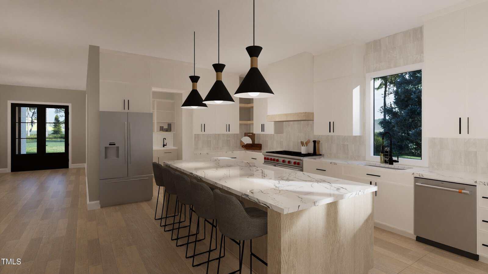 Modern kitchen with white cabinets, marble island, gray barstools, three black pendant lights, stainless steel appliances, wood flooring, and large windows letting in natural light.
