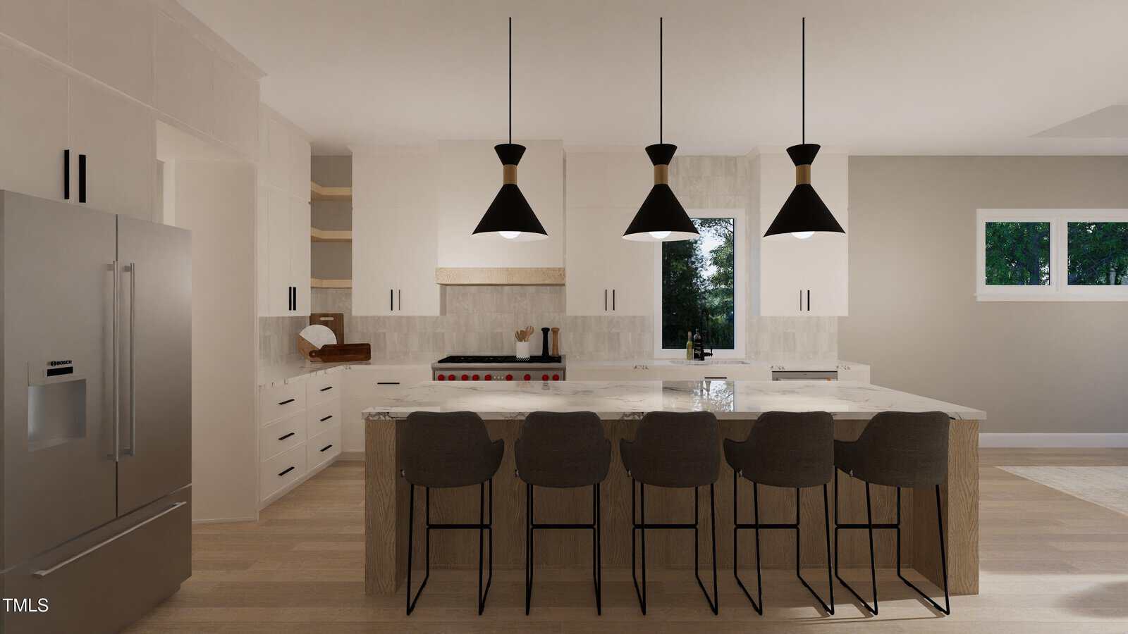 Modern kitchen with a large island, five bar stools, pendant lights, stainless steel refrigerator, white cabinets, and a window above the sink. Light wood floor and neutral-colored walls complete the space.