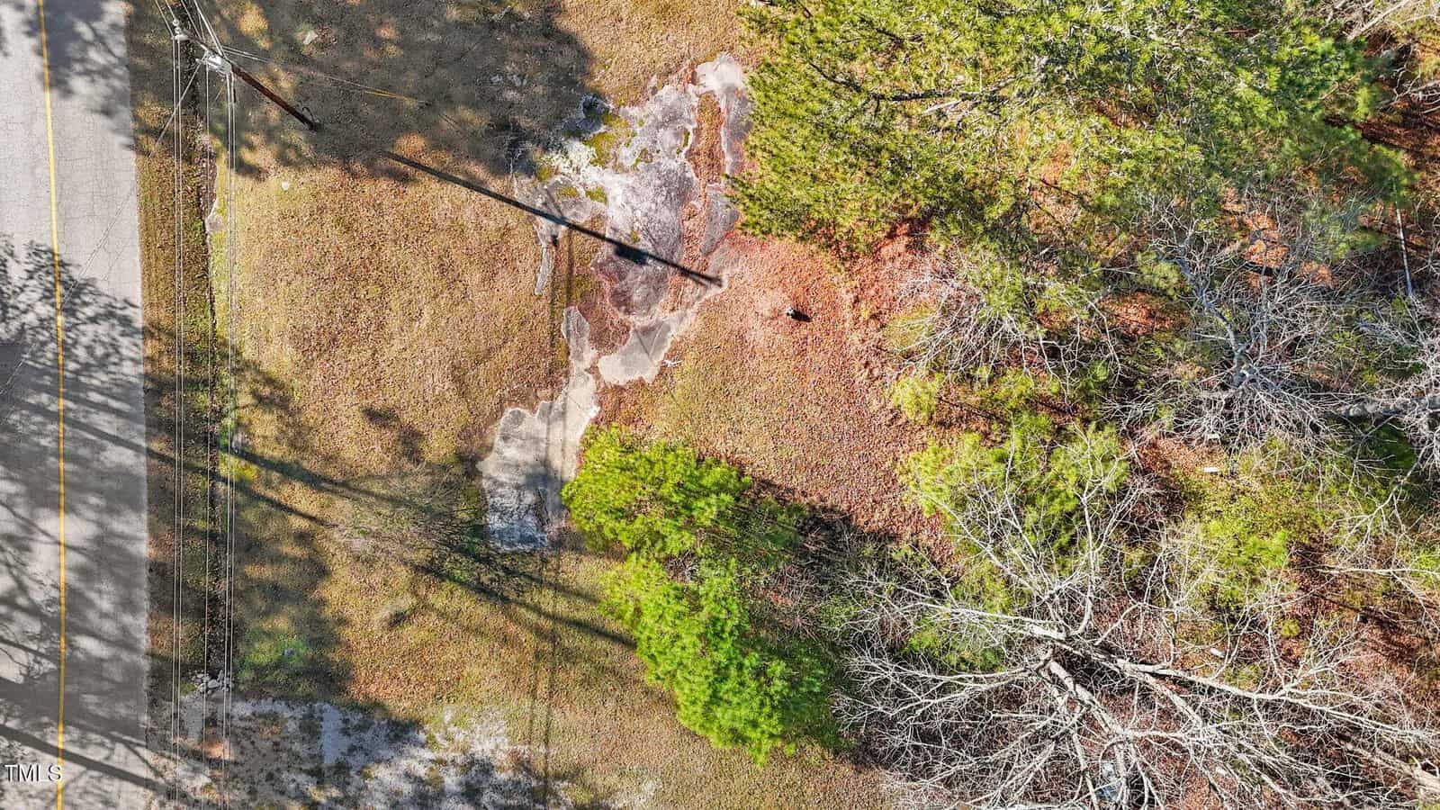 Aerial view of a roadside area with patchy grass, exposed soil, and scattered trees casting long shadows. Utility poles and wires run parallel to the road on the left side of the image.