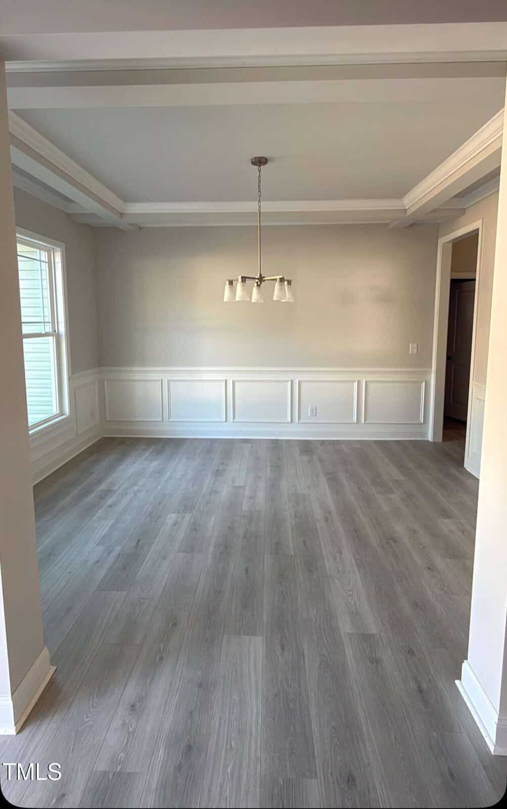 A bright, empty dining room with light gray wood flooring, white wainscoting, large window, tray ceiling, and a modern five-light chandelier hanging from the ceiling.