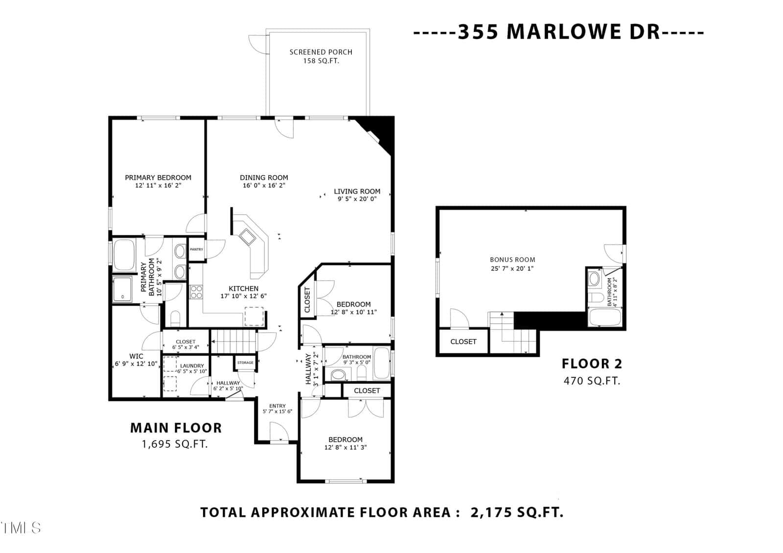 Floor plan for 355 Marlowe Dr showing two levels. The main floor includes three bedrooms, kitchen, dining room, living room, screened porch, and two bathrooms. Floor 2 is a bonus room with two closets. Total area: 2,175 sq. ft.