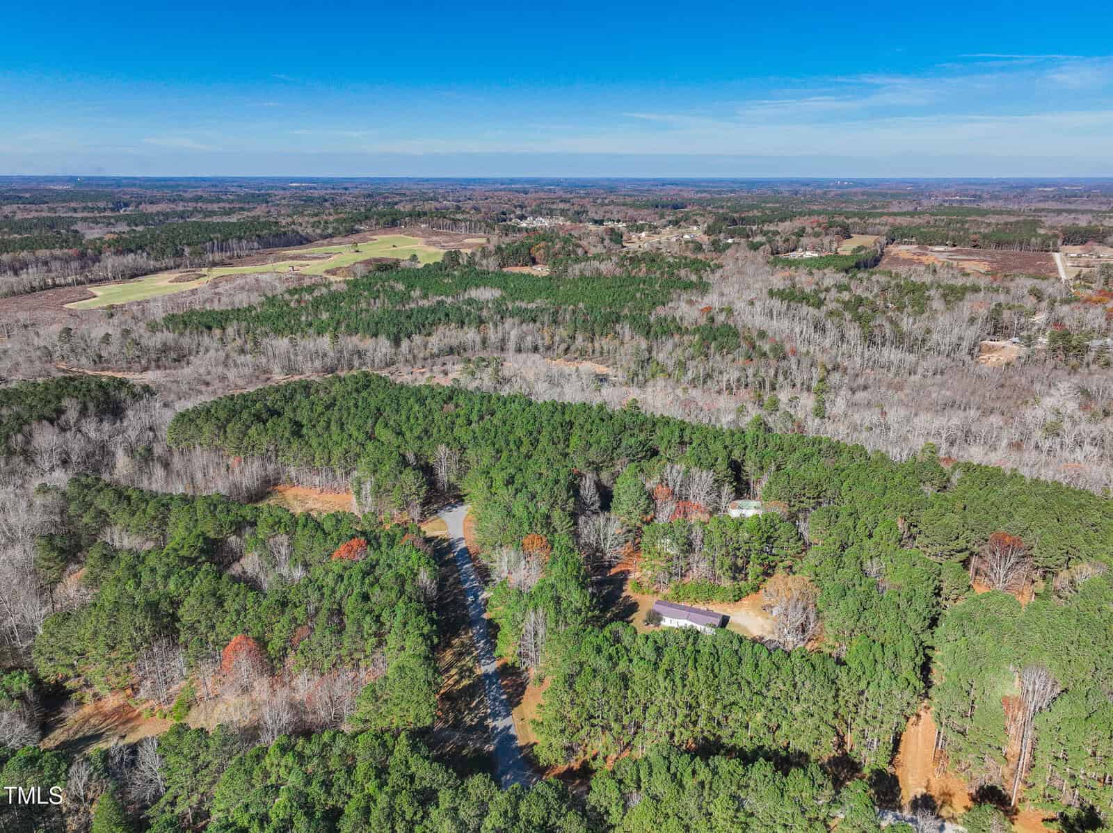 Aerial view of a rural landscape with dense green trees, a few scattered homes, winding roads, and open fields under a clear blue sky.