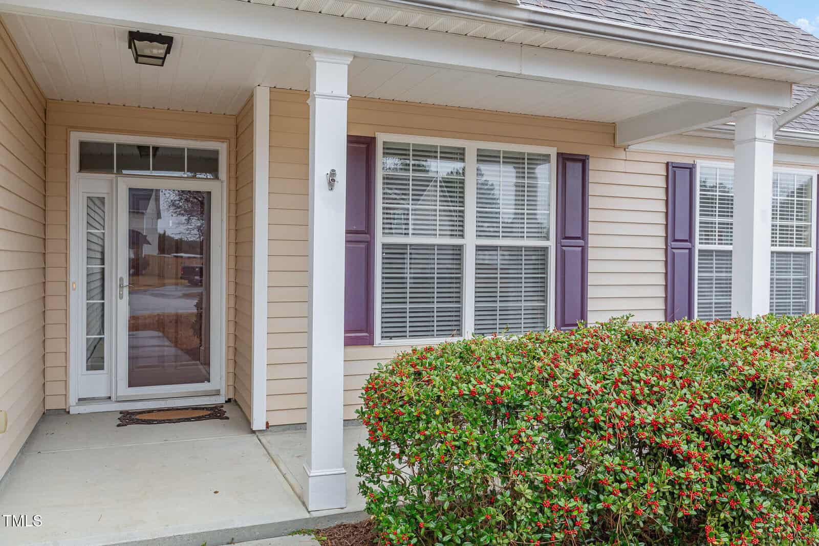 Front view of a house with beige siding and purple shutters. A covered entryway has a white door with a glass storm door. There is a light fixture above the entry and a manicured bush with red berries in the foreground.