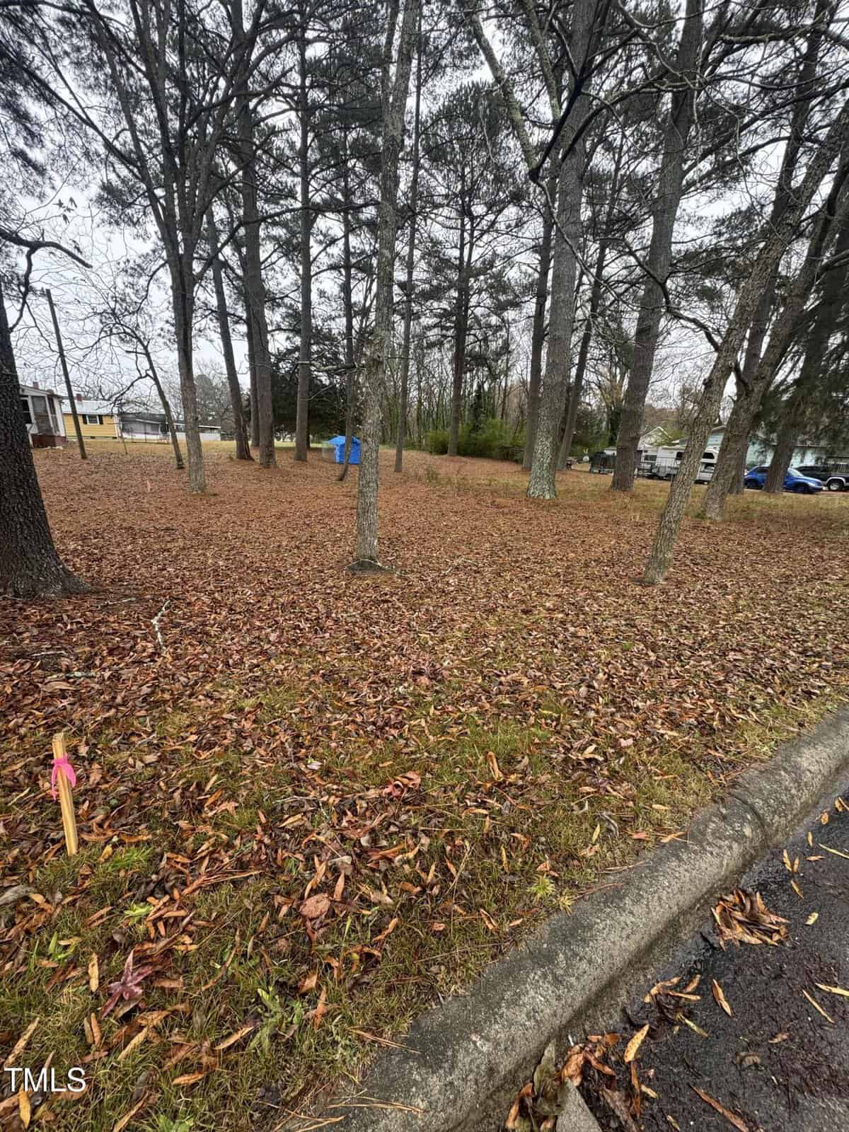 A grassy area at 0 Watkin Street, Oxford, is blanketed with fallen leaves and edged by trees. In the background, a few parked vehicles sit near a building. A curb and asphalt road stretch across the foreground, marked by a survey marker on the grass.