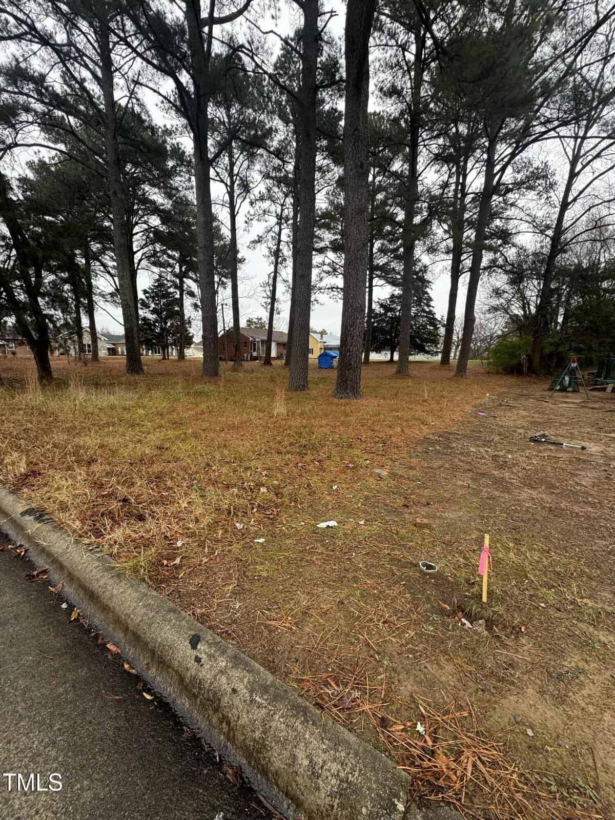 A vacant lot with tall pine trees and sparse grass, located next to a road. There's a pink flag marker visible in the ground, and a few scattered pieces of debris. Houses are visible in the background among the trees. The sky is overcast.