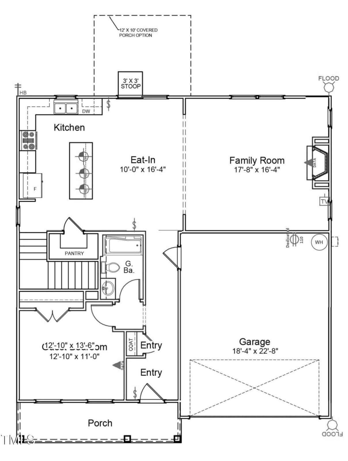 Black and white floor plan of a house showing a porch, entry, pantry, half bathroom, eat-in kitchen, kitchen, family room, and a two-car garage. Staircase and doors are clearly marked. Room dimensions are labeled.