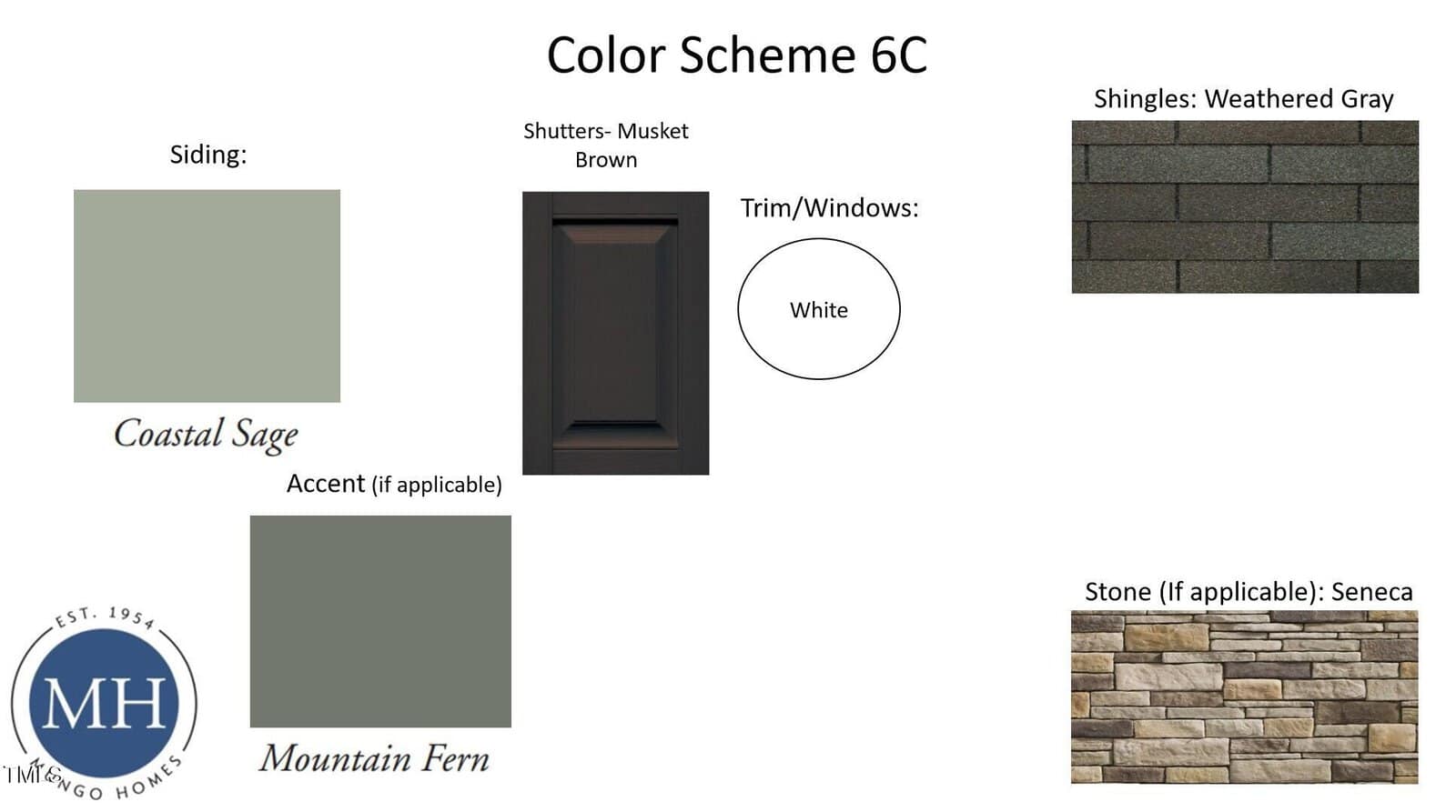 A color scheme board labeled "Color Scheme 6C" displays samples: Coastal Sage for siding, Mountain Fern as accent, Musket Brown shutters, white trim/windows, weathered gray shingles, and Seneca stone.