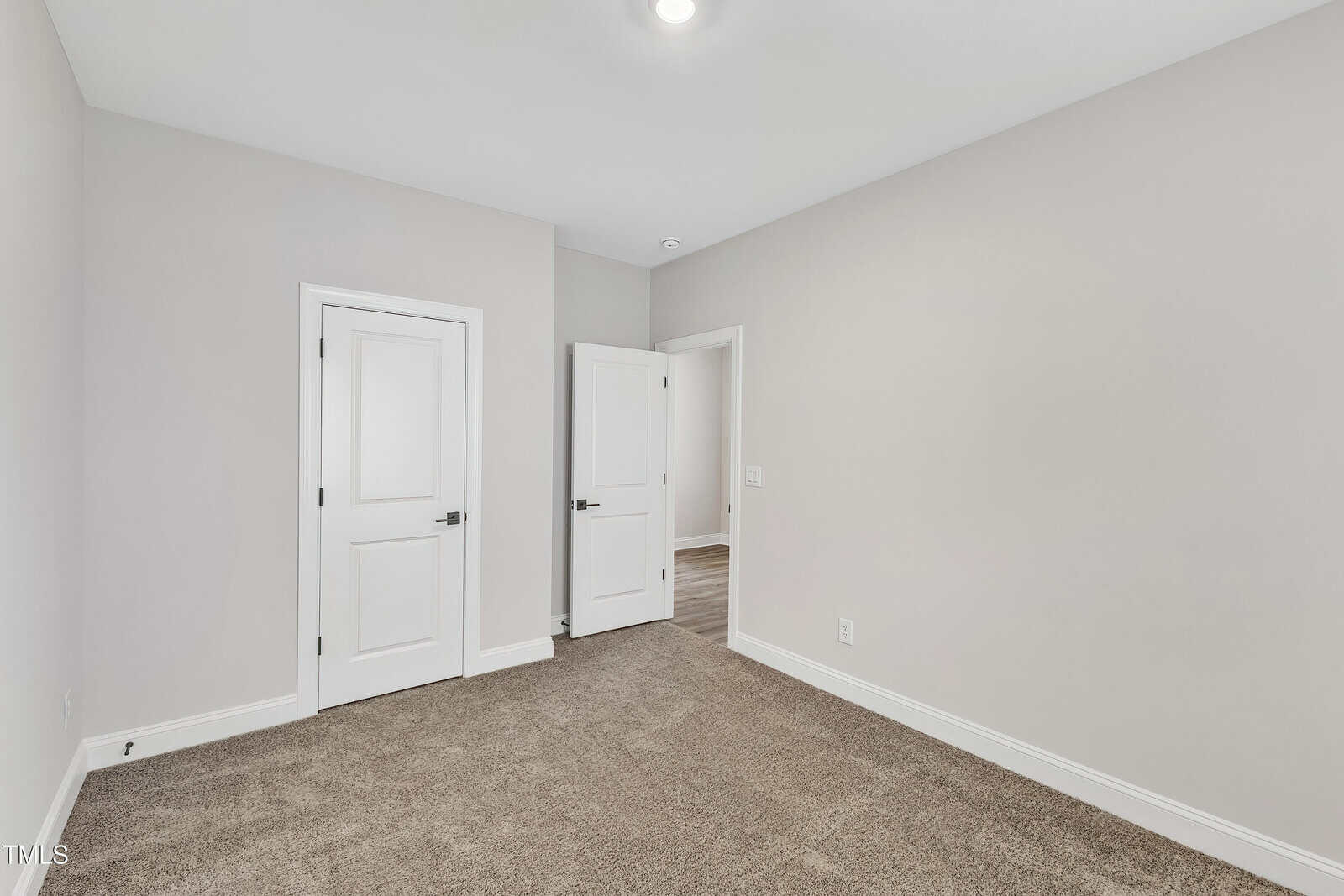 A small, empty room with beige carpet, light gray walls, and white trim. Two white doors are closed, while a third door is open, leading to a hallway with wood flooring. The ceiling has a single recessed light.