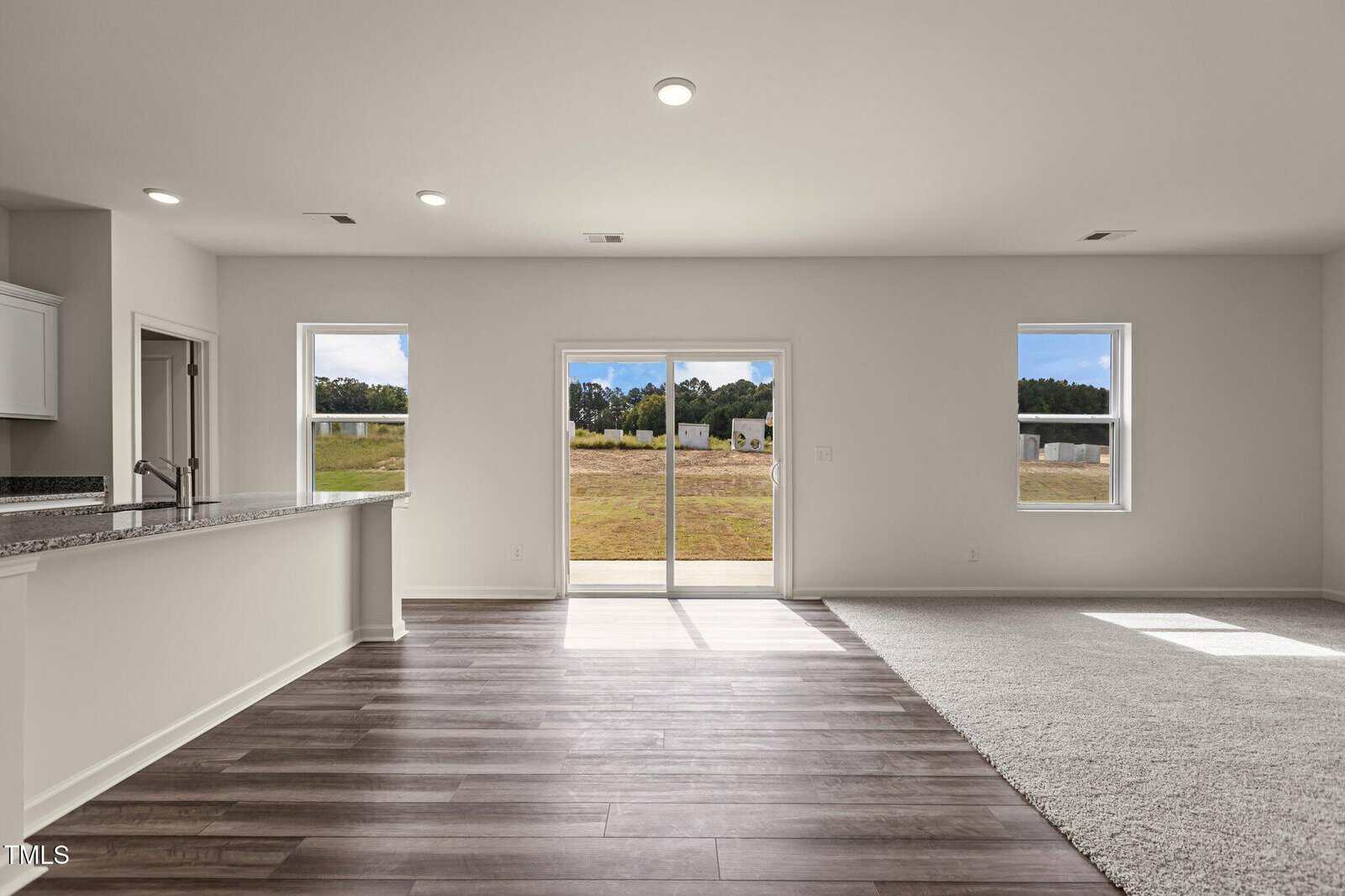 Bright, empty modern living area with wood flooring, carpeted section, open kitchen, and sliding glass doors leading to a grassy backyard with trees in the distance under a partly cloudy sky.