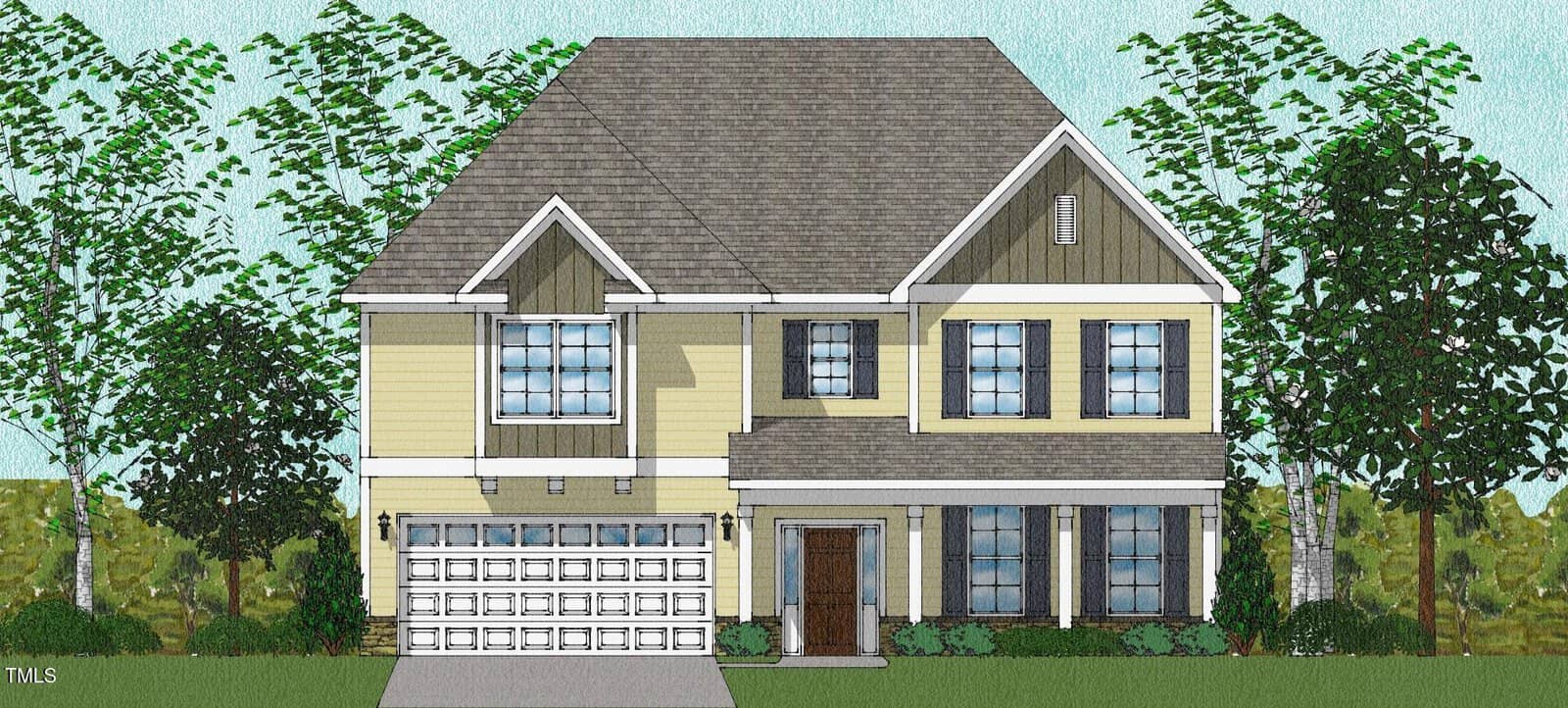 A two-story house with beige siding, white trim, a double garage, and a covered front porch. The roof is gray and triangular, and the home is surrounded by green trees and shrubs.