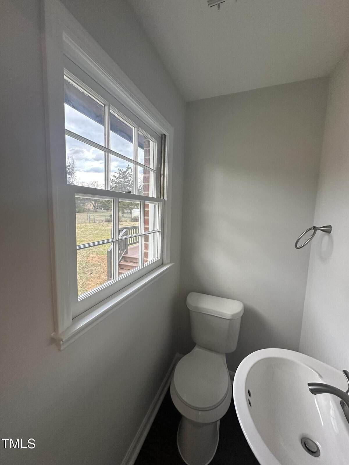 A small bathroom with a white toilet and pedestal sink beneath a window. The window offers a view of a grassy area and a cloudy sky. Walls are painted white, and a metal towel ring is mounted on the wall.