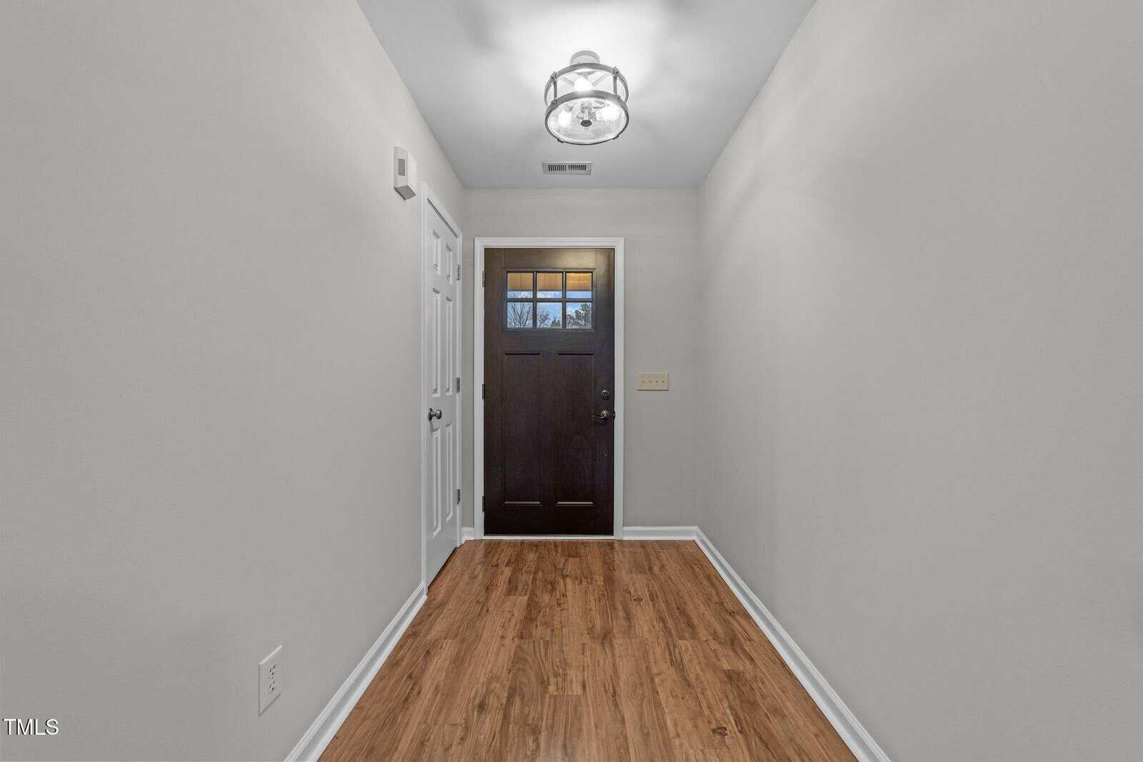 A hallway with light gray walls, wood flooring, a central ceiling light fixture, and a dark wooden front door with glass panels. There is a white door to the left and a light switch on the right wall.