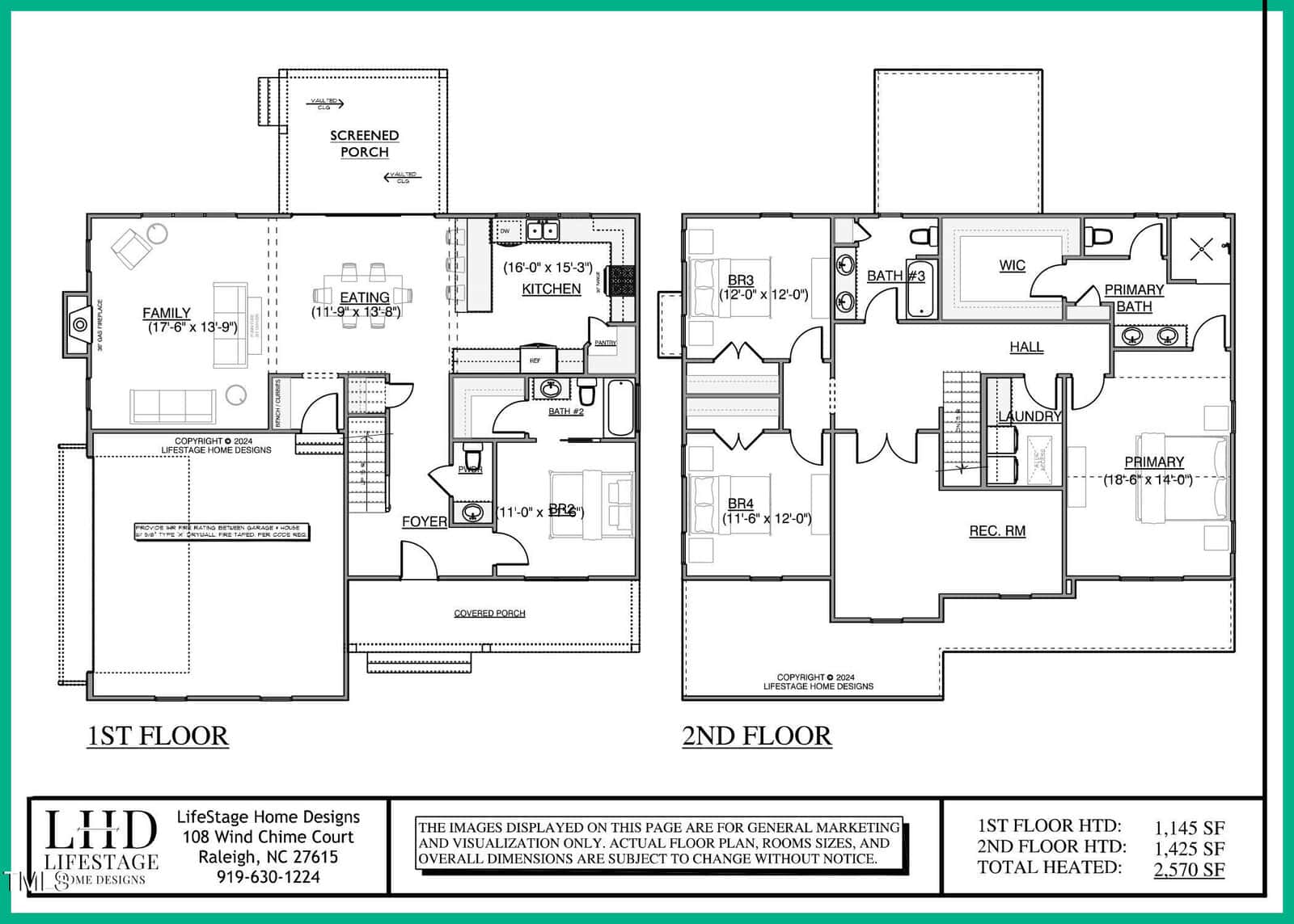 A two-story house floor plan showing the 1st floor with living, dining, kitchen, and screened porch areas, and the 2nd floor with four bedrooms, two bathrooms, a laundry room, and a hall. Total heated area is 2,570 sq. ft.