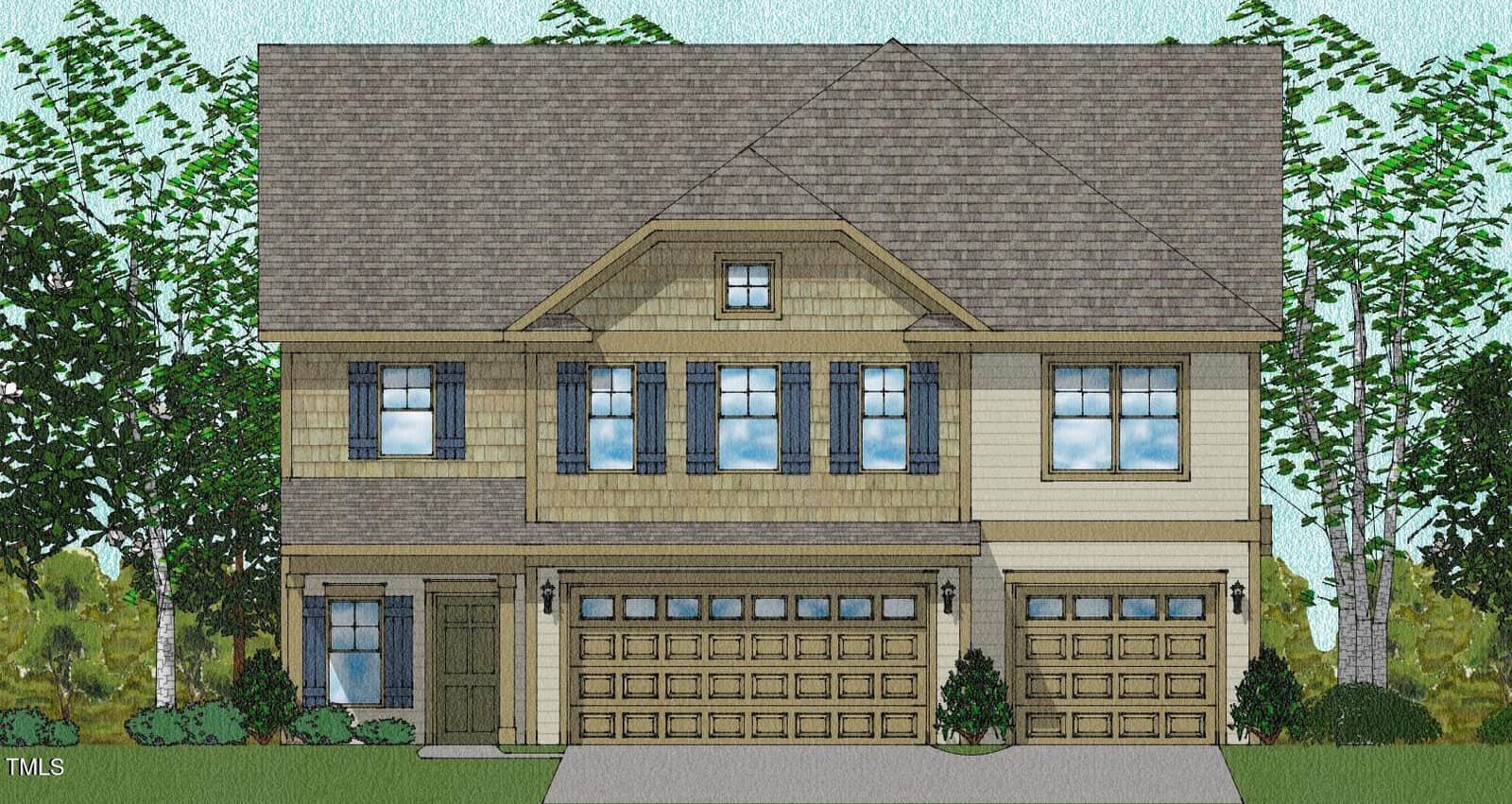 A two-story suburban house with tan siding, a large gabled roof, three-car garage, blue window shutters, and small bushes in front; tall trees are visible in the background.