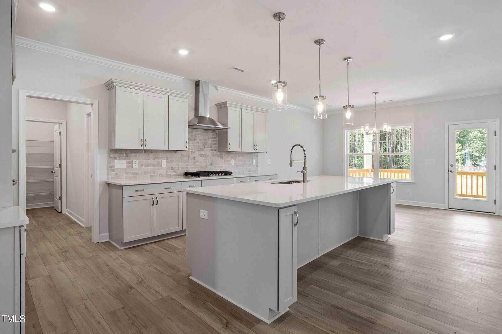 Modern kitchen with light gray cabinets, a large island with sink, stainless steel appliances, pendant lights, wood-style flooring, and a walk-in pantry. Windows and a glass door let in natural light, and a fenced yard is visible outside.