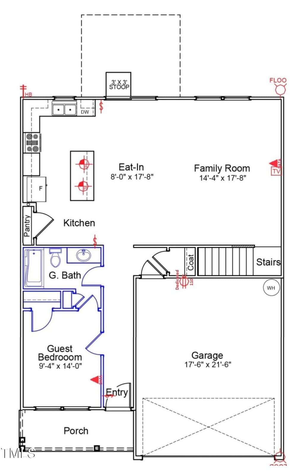 Floor plan showing a porch, entry, guest bedroom, bathroom, kitchen, pantry, eat-in area, family room, garage, stairs, and water heater. Measurements are labeled for each room. TV and appliance locations are marked.