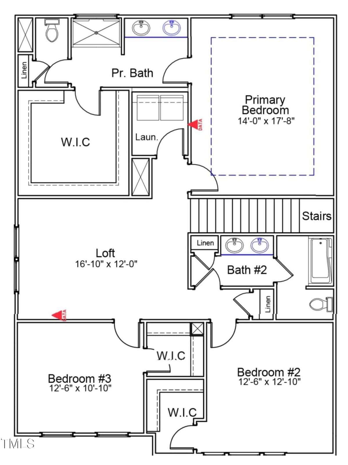 Floor plan showing a primary bedroom with attached bath and walk-in closet, two additional bedrooms with walk-in closets, a loft area, a second bathroom, laundry space, and stairs.