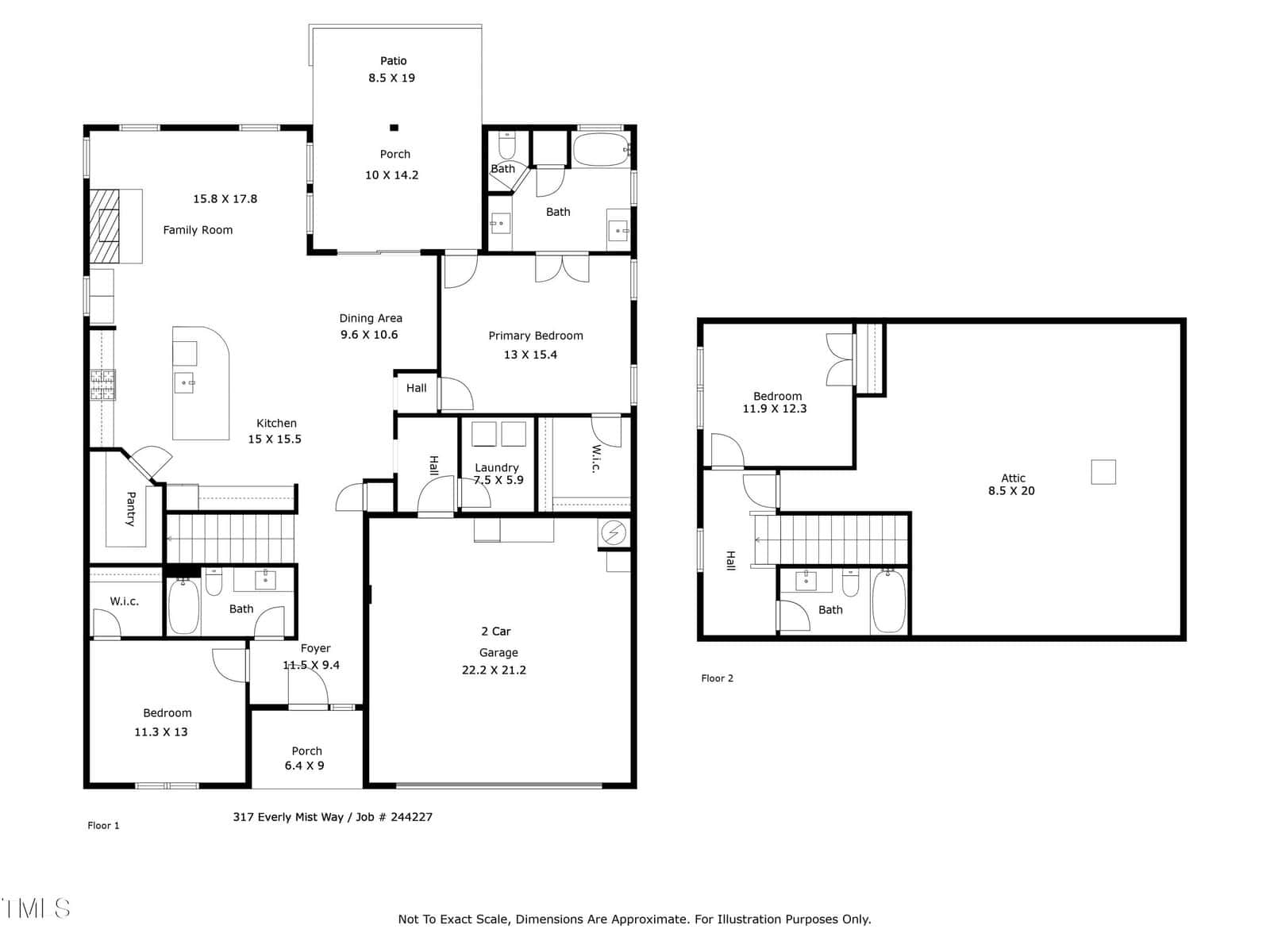 Black and white floor plan of a two-story house showing labeled rooms, dimensions, and areas including bedrooms, bathrooms, kitchen, dining area, family room, laundry, garage, patio, porch, and attic.