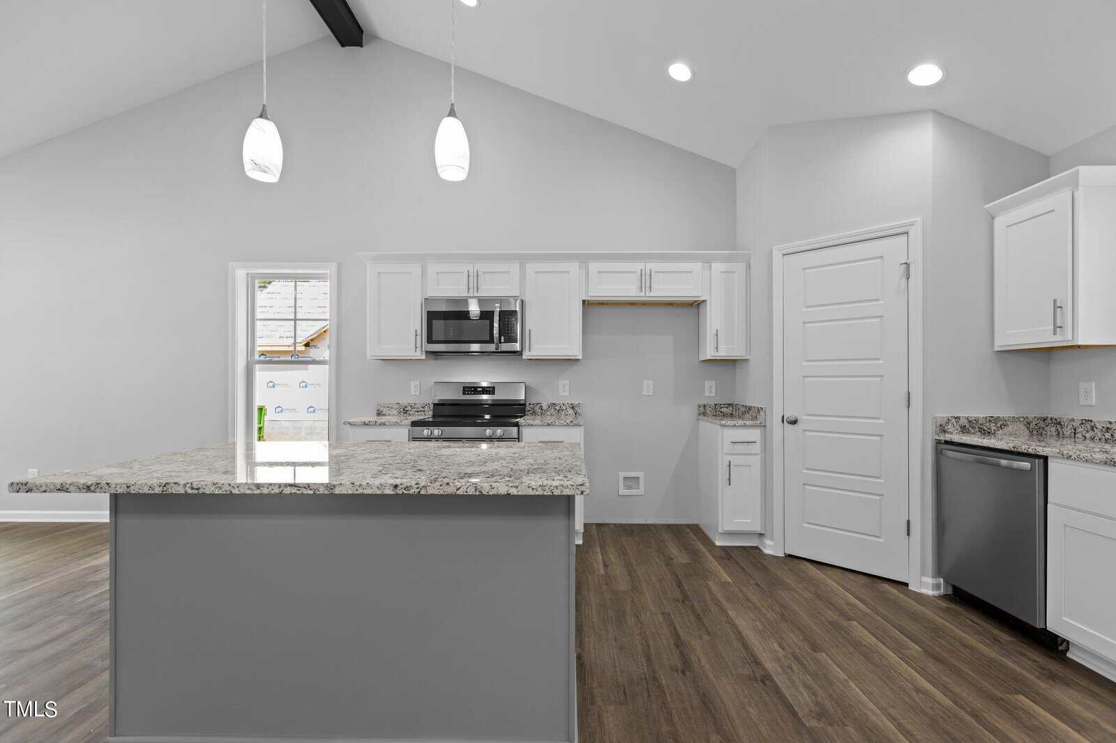 Modern kitchen with white cabinets, granite countertops, stainless steel appliances, two pendant lights, wood flooring, and a vaulted ceiling. There is a door to the right and a windowed door leading outside.