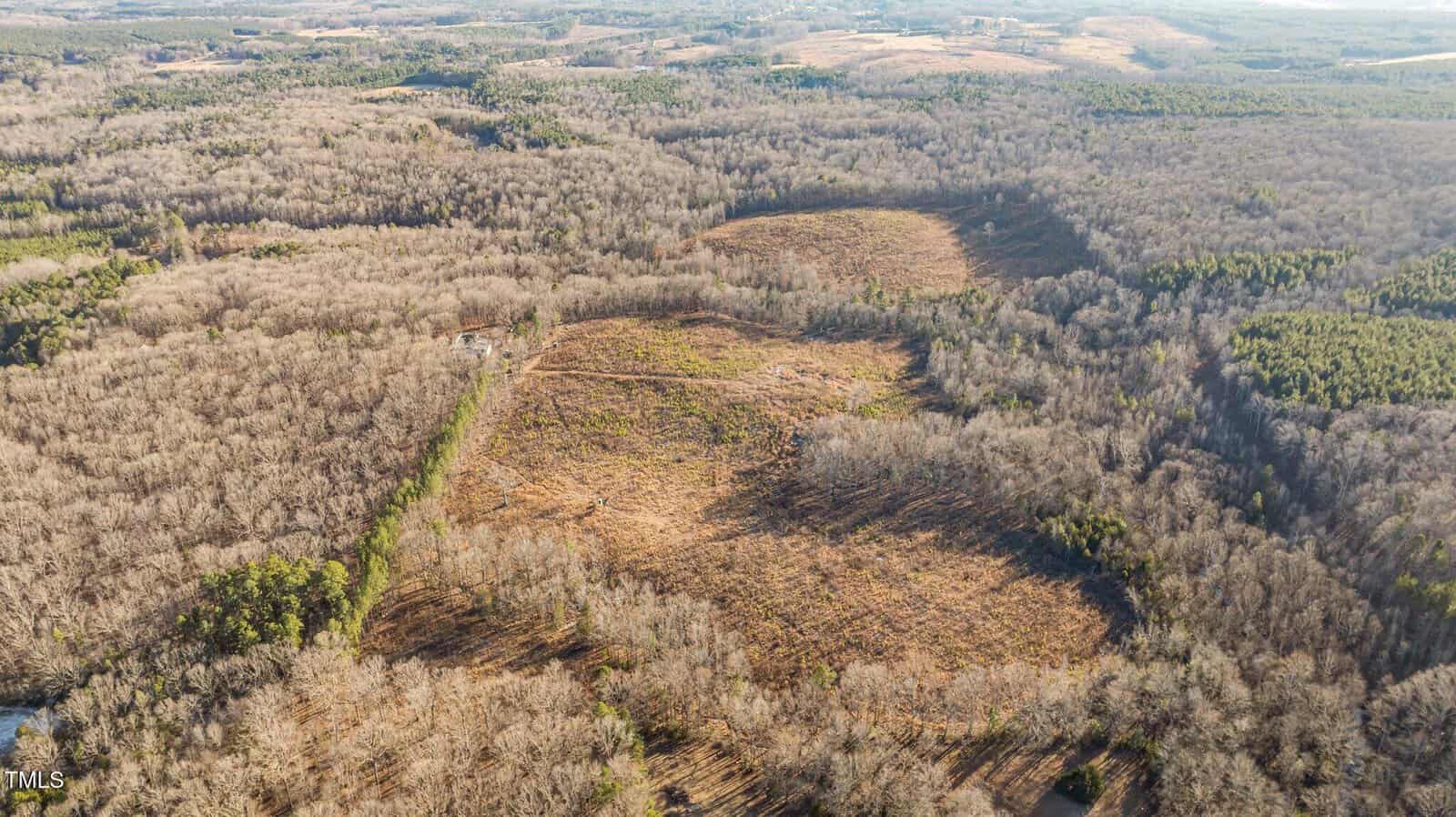 Aerial view of a vast, rural landscape with large patches of cleared land amidst dense forests. The terrain is hilly, and the sky is clear. No buildings or roads are visible, and the area appears to be used for forestry or agriculture.