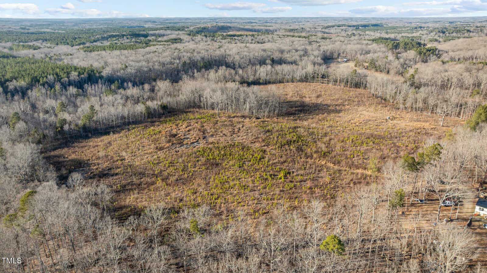 Aerial view of a large, cleared area surrounded by dense, leafless trees in a rural landscape. The sky is partly cloudy, and there are distant hills in the background. Several structures are partially visible in the lower right corner.