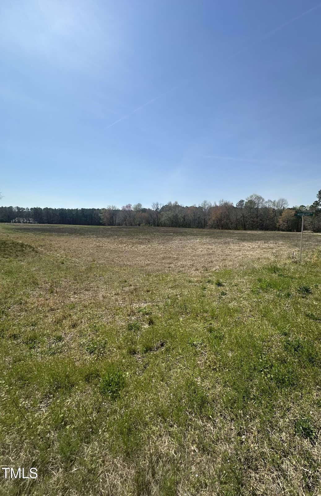 A large, grassy open field bordered by trees under a clear blue sky. Some grass appears patchy and dry in areas. There are no buildings or people visible. The horizon line is low, showing mostly sky.