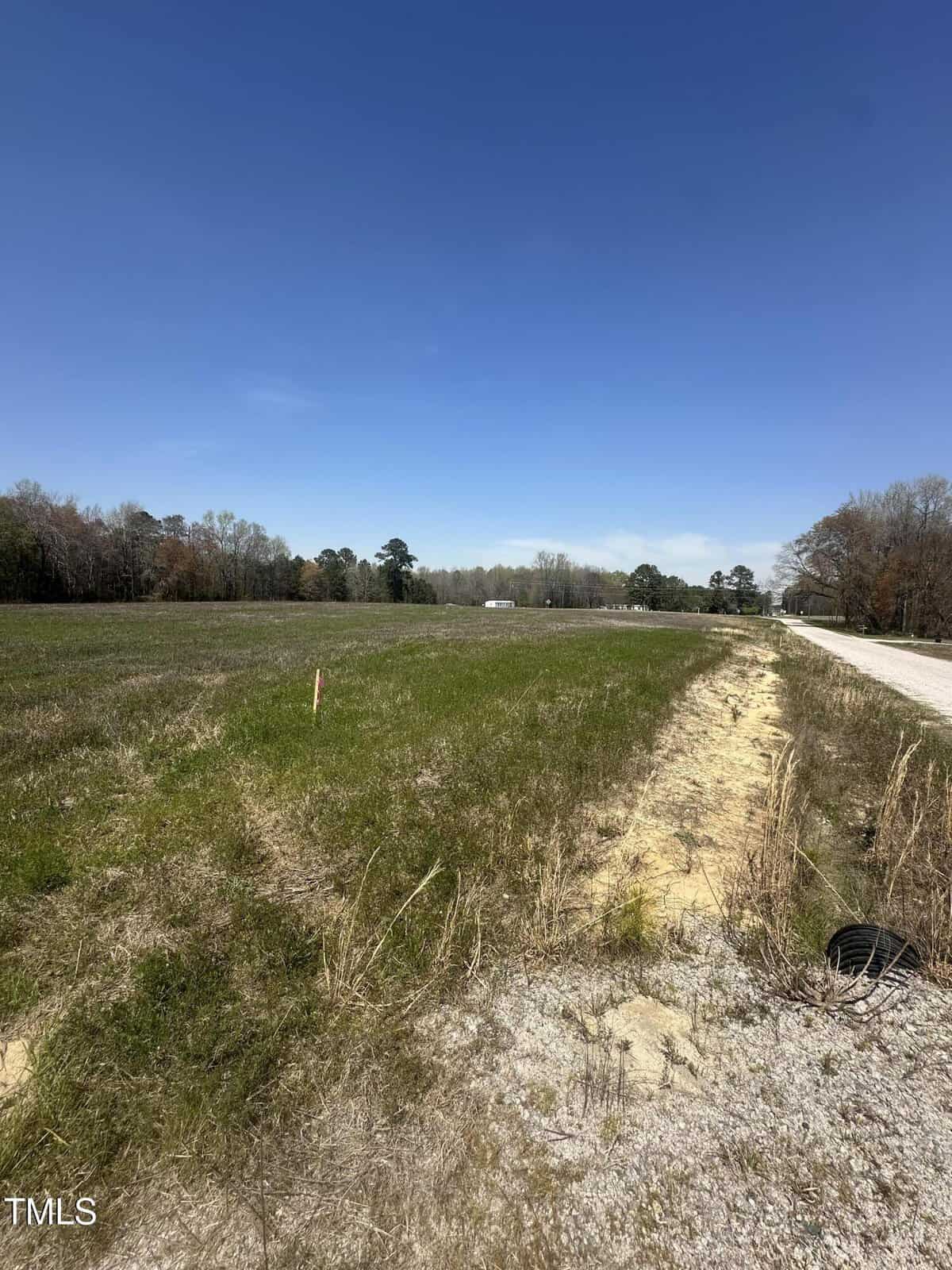 A flat, open grassy field with sparse vegetation and a gravel road running alongside it. Trees line the horizon under a clear blue sky. A small marker stick is visible in the grass near the road.