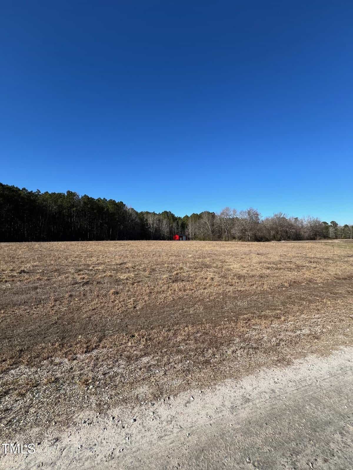 A wide, open field with dry grass under a clear blue sky. A small red structure is visible near the tree line in the distance, and a dirt path runs along the bottom edge of the image.