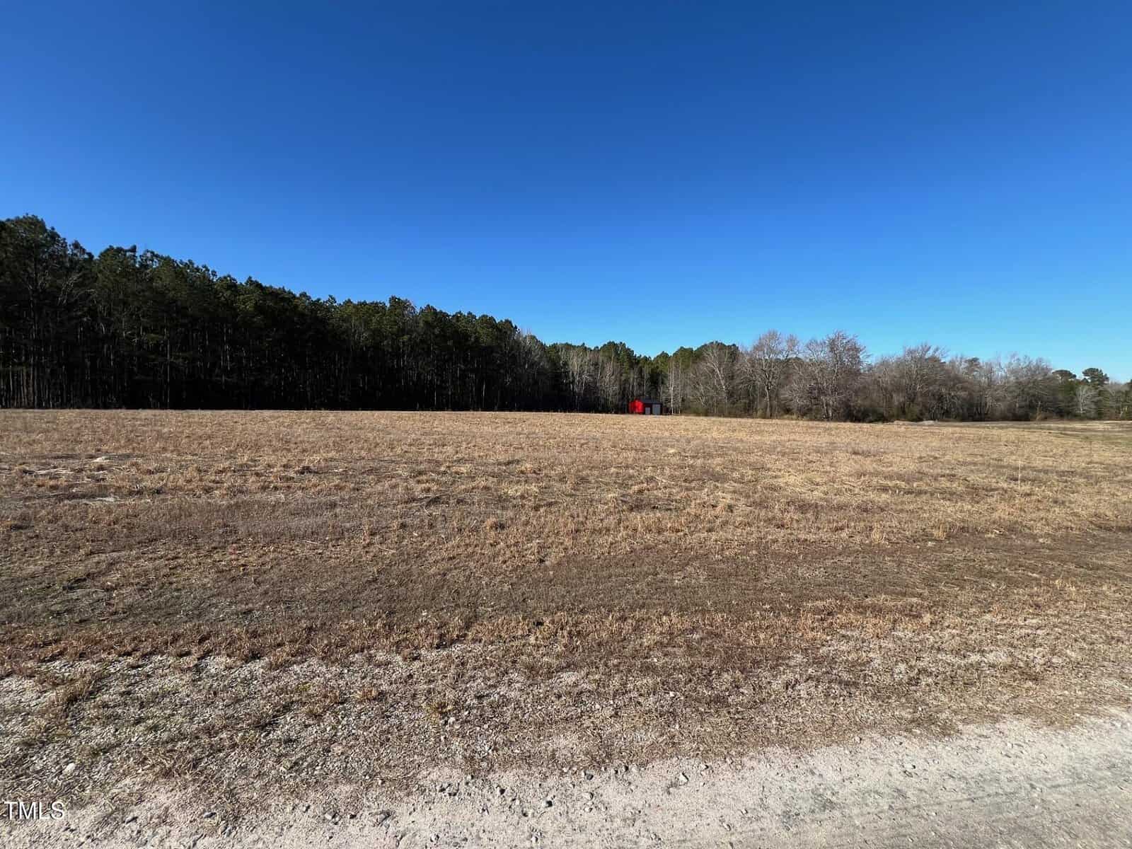 A wide, open field with dry grass and a forested area in the background under a clear blue sky. A small red structure is visible near the trees. A gravelly area is in the foreground.