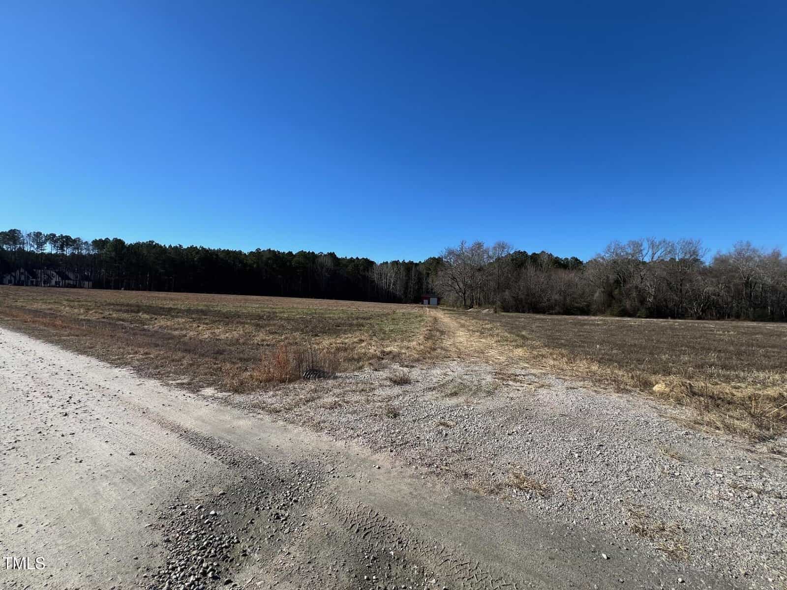 A gravel road runs alongside a field with dry grass. There are trees in the distance under a clear blue sky.