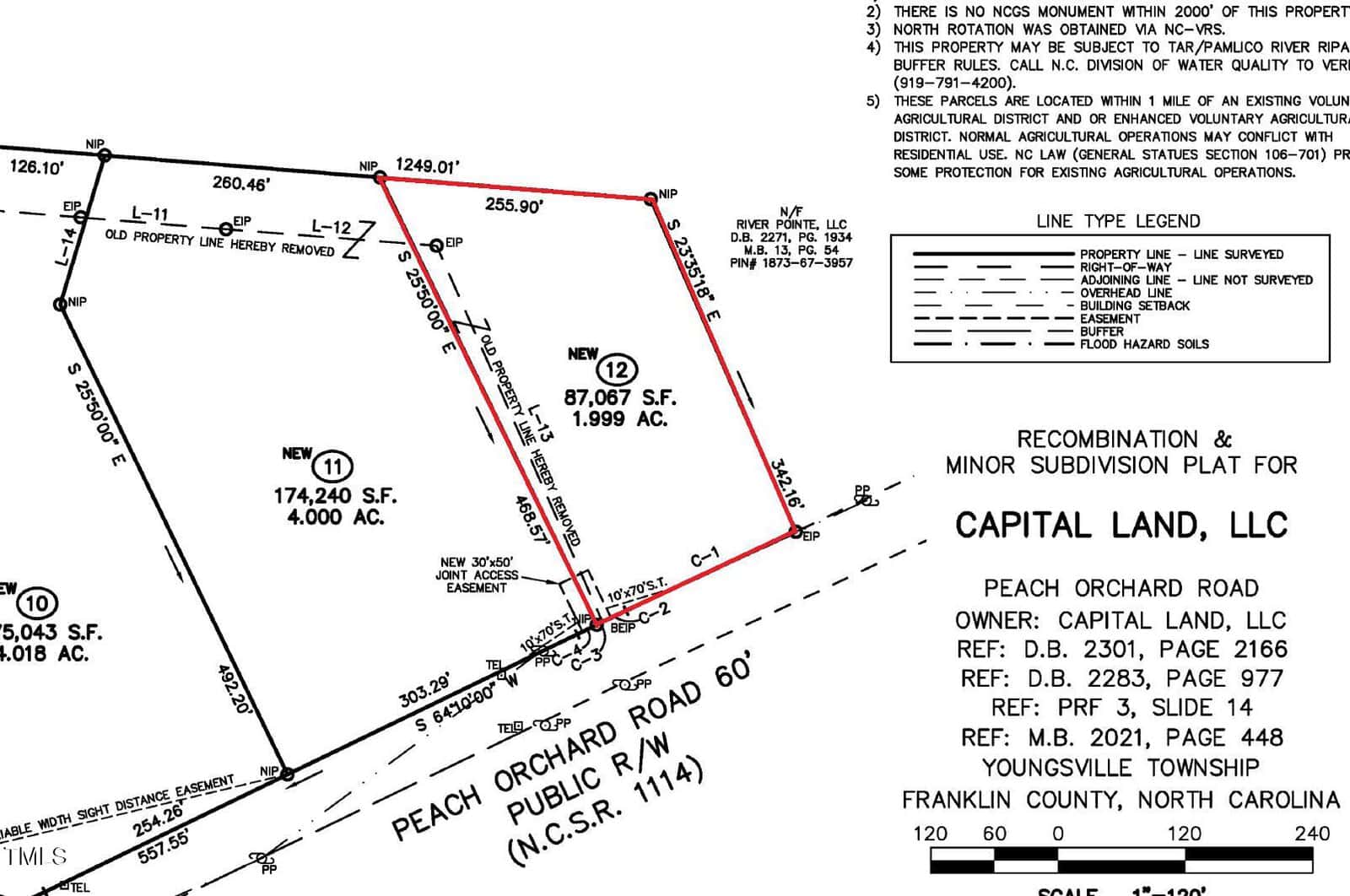 Plat map showing two lots along Peach Orchard Road in Franklin County, NC. One lot, outlined in red, is labeled 87,087 sq ft (1.999 acres). The map shows property lines, lot dimensions, and reference numbers.