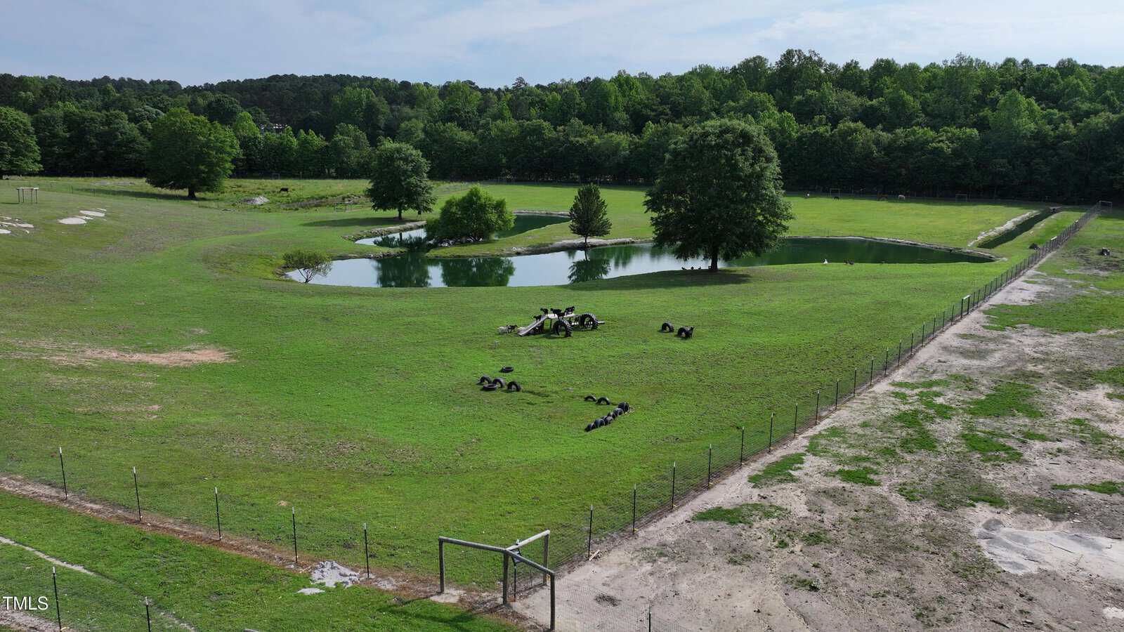 A fenced grassy field with a small pond, scattered rocks, a tree, and a playground structure in the center. Several black animals are resting nearby. Dense trees border the background under a cloudy sky.