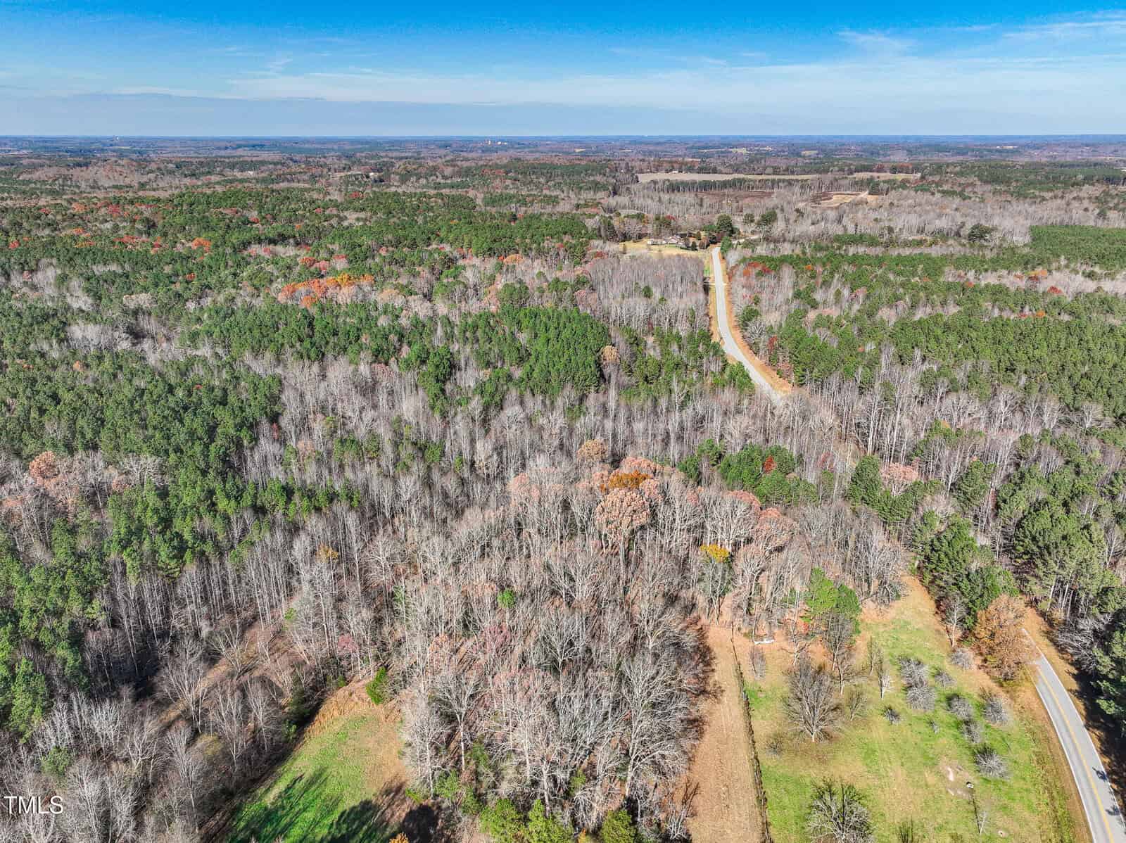 Aerial view of a rural landscape with a winding road, dense forests, a mix of green and leafless trees, and open grassy areas under a clear blue sky.