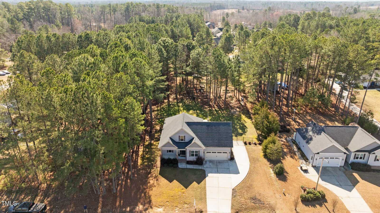 Aerial view of a suburban neighborhood with a house in the center surrounded by tall pine trees. The house has a driveway and yard, and neighboring houses are visible on either side.