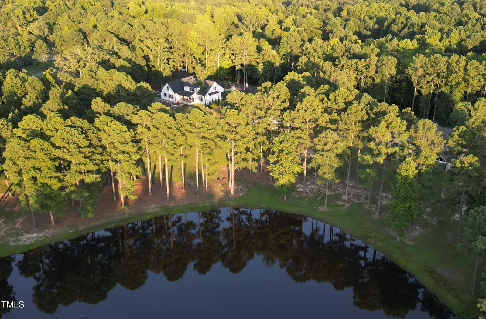 From an aerial view, the white house at 2223 Grove Hill Road in Franklinton nestles amid a dense forest of tall trees. Near a small pond that mirrors the towering greenery, sunlight dances through the leaves, casting playful shadows on the ground.