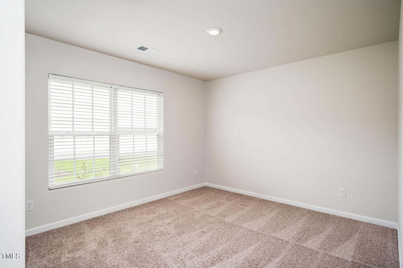 Empty room with beige carpet, white walls, a large window with white blinds, and a ceiling light. The room appears clean and well-lit from natural light coming through the window.