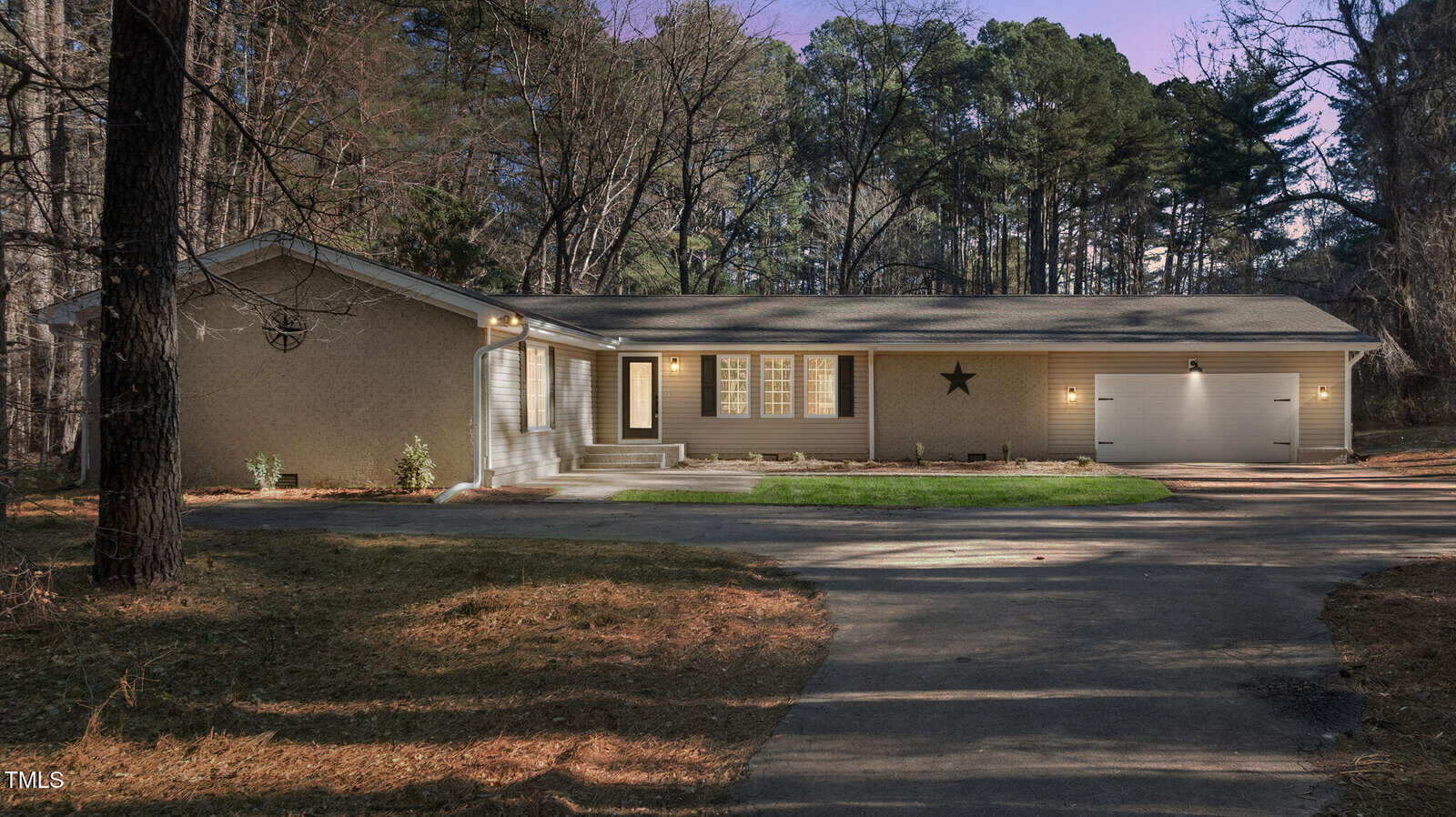 Single-story house with beige siding, white trim, and attached two-car garage. The house has a front porch with steps, exterior lighting, a star decoration, and is surrounded by tall trees and a curved driveway.