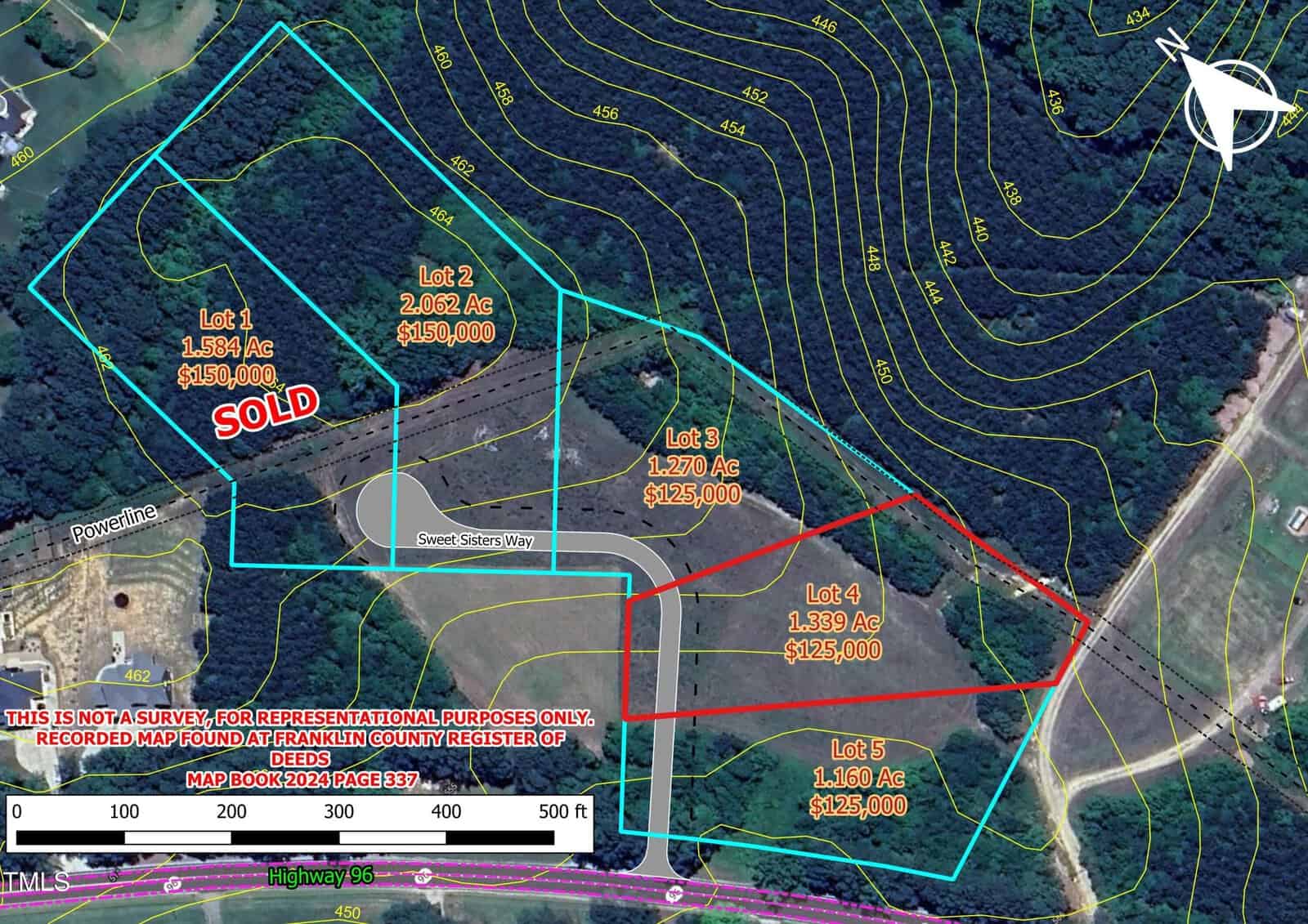 Aerial map showing five outlined land lots with acreage and prices labeled. Lot 1 is marked as sold. Lots are bordered by contour lines and trees, with a road labeled Sweet Sisters Way and a powerline running across the site.