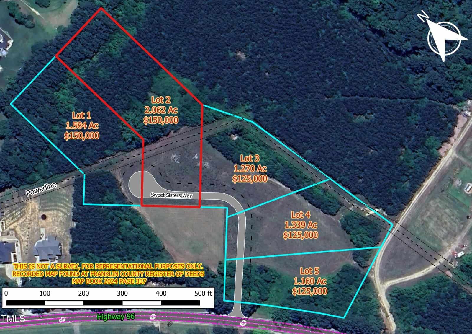Aerial map of a wooded area shows four outlined land lots with labeled acreages and prices, a central cul-de-sac named Sweet Sisters Way, and nearby roads and housing development. North is indicated by a compass rose.